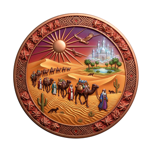 Medallón circular de cobre 999 de 1oz, de doble cara, coloreado, con diseño de oasis de caravana de camellos del desierto y borde floral intrincado - Product Image 2