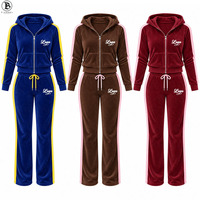 Ensemble de survêtement 2 pièces streetwear pour femme, style Y2K, en velours, avec veste courte zippée à capuche et pantalon évasé taille haute à rayures latérales, collection hiver