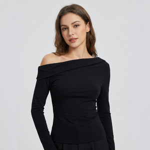 Maglietta da <span class=keywords><strong>donna</strong></span> monospalla a manica lunga con scollo asimmetrico, vestibilità slim, <span class=keywords><strong>nera</strong></span>, casual, alla moda, tinta unita, traspirante - Product Image 2