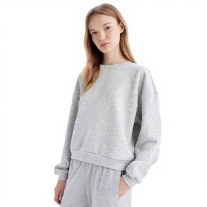 Women's Gray Crew Neck Sweatshirt Full Sleeve Knitted Cotton Blend Casual Solid Color Breathable Autumn Wear - Product Image 1