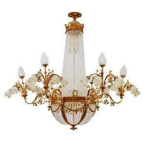 China supplier european big luxury flower european lightings brass crystal pendant lamp for living room copper chandelier