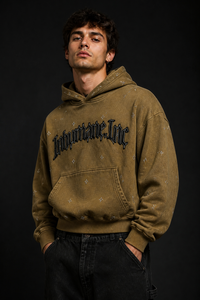 Sudadera con capucha oversize para hombre, color caqui lavado, con apliques de estrellas de diamantes de imitación y parche de arco gótico, bolsillo canguro, estilo streetwear - Product Image 3