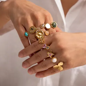 Fashion Women Jewelry Manufacturer Cubic Zircon Eye Rings Stainless Steel Lava Flower Turquoise CZ Stone Open Finger Rings Women