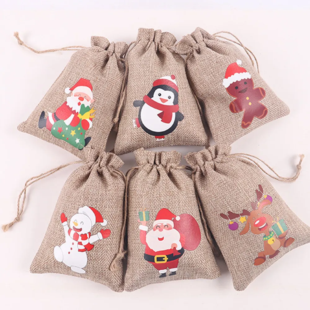 Custom Christmas Supplies Products Gift Candy Bag Drawstring Linen Bag Merry Christmas Bag Set for Gifts