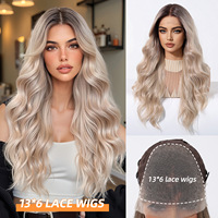13*6 Wig Rambut Sutra Ikat Tangan Area Luas dengan Belahan Bebas, Warna Biru Pantai, Halus Anti Kusut untuk Platinum, Rambut Panjang Keriting, Full Headpiece