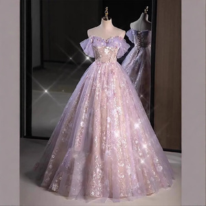 Pinkish Purple Off Shoulder Sequined Ball Gown Evening Dress Empire Waist Floral Print For Women Formal Events - Product Image 1