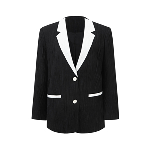 Blazer de Lana Negra Texturizada y Transpirable para <span class=keywords><strong>Mujer</strong></span>, Mezcla de Lana/Poliéster, Cuello en V con Contraste Blanco, Chaqueta Casual de Oficina - Product Image 3