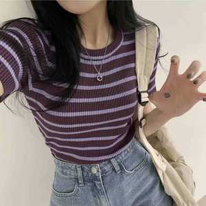 Blusas <span class=keywords><strong>de</strong></span> Punto <span class=keywords><strong>de</strong></span> <span class=keywords><strong>Manga</strong></span> Corta para Mujer, Talla Única, Estilo Moderno 2025, Cuello Redondo, Camisetas a Rayas, Blusas Casuales <span class=keywords><strong>de</strong></span> Verano - Product Image 5