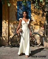 Robe de soirée Nicecover à col en V, en dentelle et satin, à fines bretelles, coupe ajustée, longue, bleu lac, abricot laiteux, idéale pour les vacances et les sorties