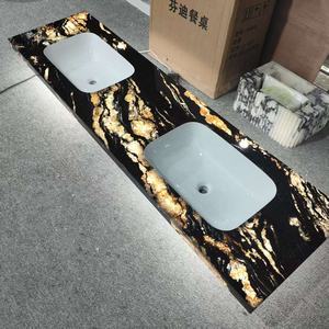 Lavabo de <span class=keywords><strong>Baño</strong></span> Moderno de Mármol Negro Natural con Flores Doradas, Diseño Cuadrado de Doble Ranura, Montaje en Pared, para Uso en Hoteles, con 5 Años de Garantía - Product Image 1