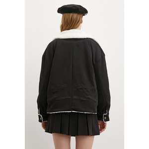 Blouson en daim noir avec doublure en peluche coupe-vent pour femme - Product Image 1