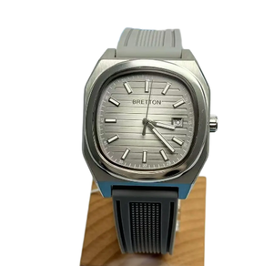 Orologio da <span class=keywords><strong>Uomo</strong></span> Quadrato con Quadrante Argentato a Strisce, Cinturino in Gomma Grigia, Display Data, Impermeabile, Movimento al Quarzo, Elegante Casual Business - Product Image 3
