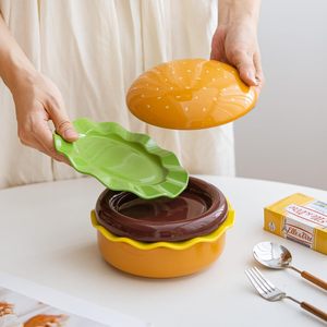 Service de table en céramique 5 pièces style Hambourge avec couvercles – Assiettes et bols à dessert au design mignon – Cadeau original - Product Image 1