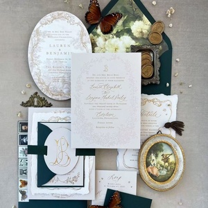 Suite d'invitations de mariage de luxe en papier texturé, thème Villa du Lac de Como Or Crème, avec pliage en portail, sceau de cire, dorure à chaud et découpe personnalisée - Product Image 3