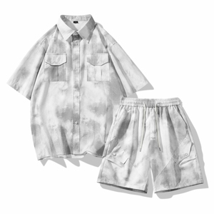 Customized logo <b>Ink</b> tie-dyed short-sleeved shirt men's summer fashion American cropped sleeve shirt handsome shorts T-shirt suit - Product Image 1