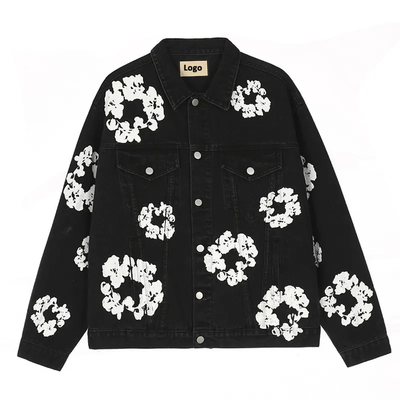 BUFA Wholesale custom floral printing fashion banana hip hop unisex black denim jeans jacket for men women clothes