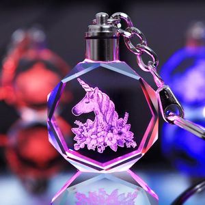 Photo Etched LED Crystal Keychain Unicorn Crystal <b>Key</b> Chain 3D Illuminating Keyring - Product Image 3