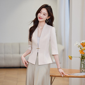 Elegant Professional Blazer For Women Spring Autumn 2025 Apricot Pink Black Solid Color Polyester Anti-Wrinkle Loose Fit Top - Product Image 1