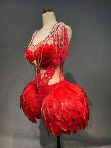 Body de plumas rojas, sexy, para mujer, espectáculo, disfraz de gogo, discoteca, cantante, ropa de fiesta, vestido - Product Image 4