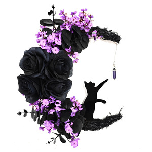 Corona de <span class=keywords><strong>Halloween</strong></span> con Gato <span class=keywords><strong>y</strong></span> Luna Creciente, Estilo Gótico Pastel, con Rosa, Decoración Espeluznante <span class=keywords><strong>y</strong></span> Gótica para Puerta Principal - Product Image 1