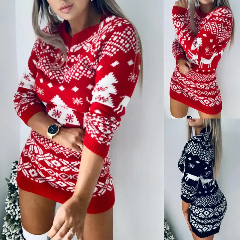 New Christmas Themed Knitted Long Sleeve Dresses Knit Sweater Dress Women Clothing For Women