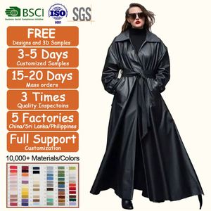 Vêtements grande taille pour femmes, trench-coat <span class=keywords><strong>oversize</strong></span> pour <span class=keywords><strong>femme</strong></span>, trench-coat long en cuir <span class=keywords><strong>noir</strong></span> maxi avec ceinture pour femmes - Product Image 2