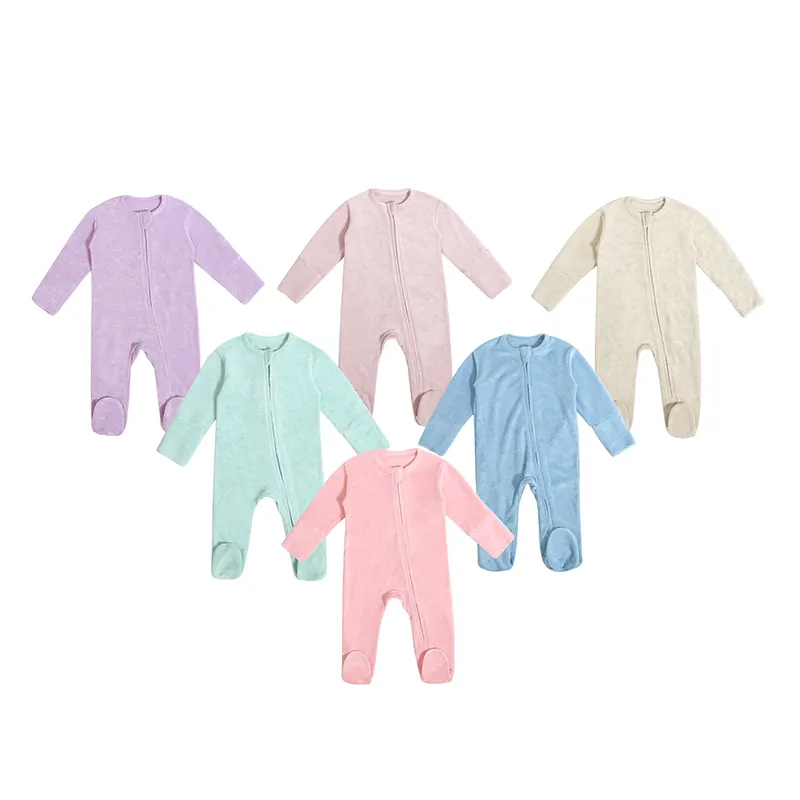Bordado personalizado otoño pijamas recién nacido Color sólido cuello redondo manga larga infantil Footie Terry bebé mono