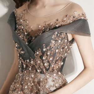 Off The Shoulder Evening Gown Gray Champagne Pink Mauve Ball Gown Floral Print 3D Stereoscopic Patterns Natural Waistline - Product Image 3