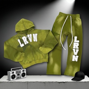 Ensemble de survêtement deux pièces rose pour homme, personnalisé OEM, en molleton épais, avec patch brodé effet vieilli et pantalon et sweat à capuche délavés à l'acide - Product Image 2