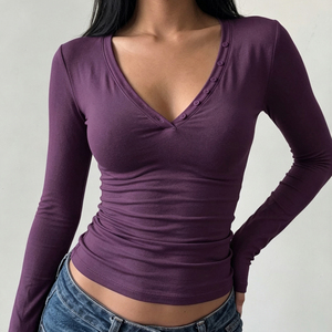 Camiseta de Punto de Manga Larga con Cuello en V de Color Sólido para Mujer, Informal, Básica, Ajustada, Suave y Elástica, para Verano y Otoño - Product Image 3