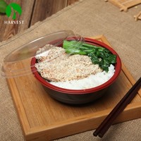 Bol à nouilles et à riz en plastique noir et rouge de haute qualité avec couvercle, récipient pour la restauration rapide pour restaurant
