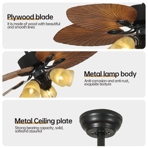 Ventilateurs de plafond rétro nordiques à 5 pales en plastique, supports E27 avec abat-jour en verre, corps en métal, moteur AC/DC, télécommande à chaîne - Product Image 5