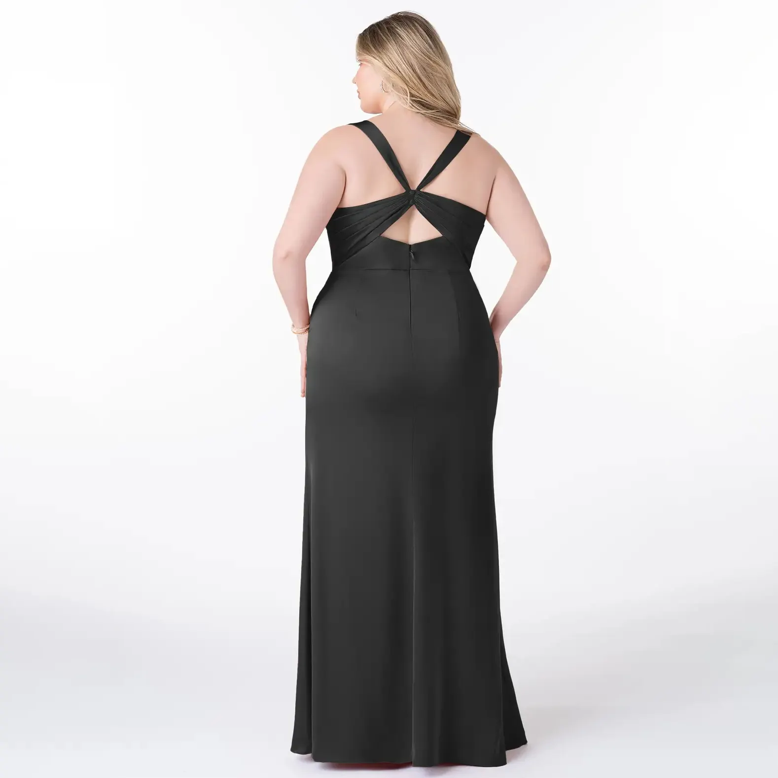 여성용 맞춤 패션 높은 슬릿 등이없는 맥시 긴 드레스 블랙 새틴 실크 원피스