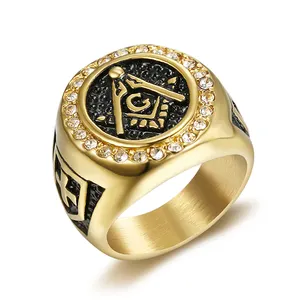 Kunden spezifische Edelstahl Herren Freimaurer AG Diamant Gold Ring Retro Persönlichkeit Freimaurer Kreuzfahrer Kreuz schild Ring