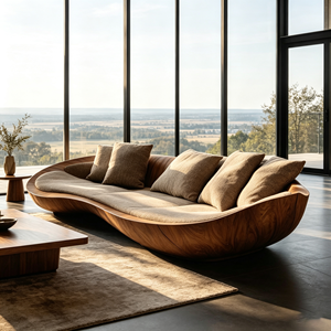 Divano con telaio in fibra di vetro rivestito in simil legno, con struttura a onda, in lino beige, per una moderna residenza con vista sul <span class=keywords><strong>montagna</strong></span> - Product Image 5