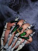 Ongles à presser Stiletto Noir-vert style Dark Punk, motif Œil de Démon à épines et Crâne 3D avec motif de vigne, exagérés, pour Halloween, Cosplay, Fête, personnalisables