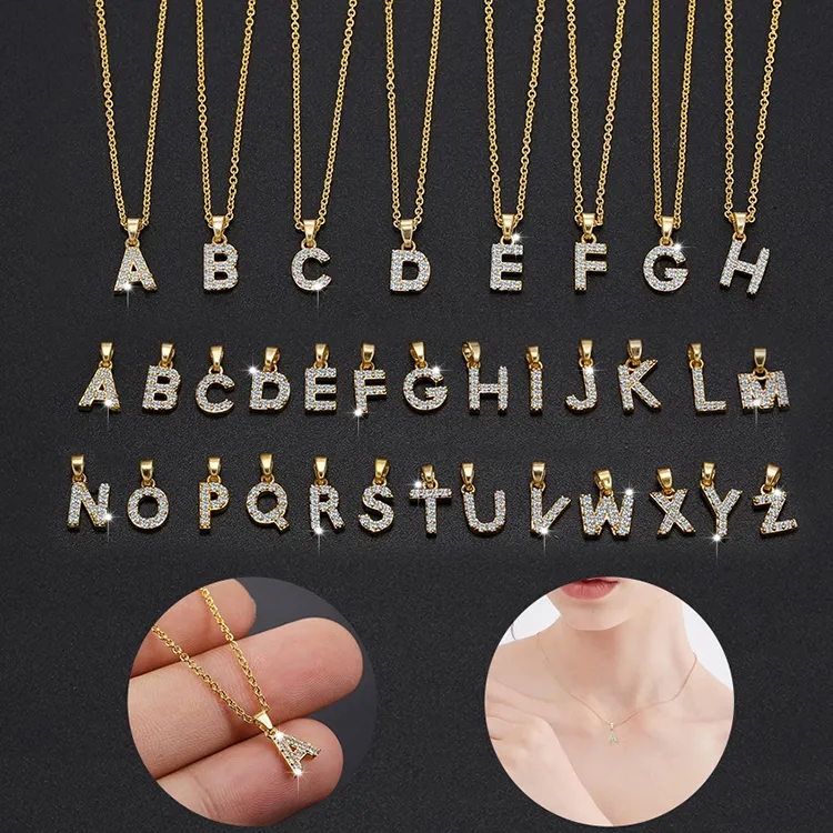 New Arrival Fine Jewelry Copper Letter A-Z Zirconia Necklace Alphabet Initials Brass Pendant Women Chain Necklace