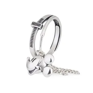 Fine 925 Sterling Silver Cute Mickey Double Layer Mouse Cross Open Ring for women wholesale