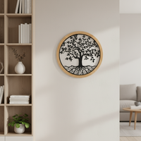 Cadre en bois rond élégant avec motif de sculpture au laser de luxe décoration murale en métal pour salon décor à la maison