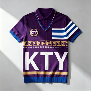 Suéter KTY Jacquard Grueso y Cálido, <span class=keywords><strong>Cuello</strong></span> <span class=keywords><strong>Alto</strong></span> Vintage, Estilo Polo con Parche en el Pecho, Color <span class=keywords><strong>Morado</strong></span>, Tejido de Punto para <span class=keywords><strong>Hombre</strong></span> - Product Image 3