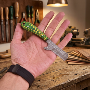 Cuchillo de Camping Bull Cutter de Hoja Fija con Punta Caída, Acero de Damasco, Mango de Madera Pakka Azul, Personalizable OEM - Product Image 1