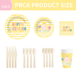 DAMAI Fournitures pour fête d'anniversaire, assiettes jaunes à rayures, serviettes, gobelets, ensemble de couverts pour fête d'anniversaire, pour 8 personnes - Product Image 5