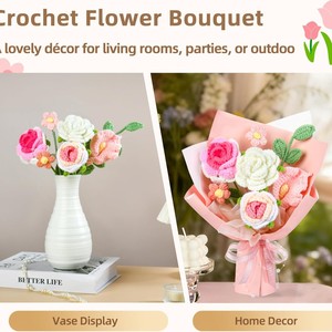 Bouquet de fleurs en laine crochetées à la main, roses mélangées, fleurs tricotées, décoration de cadeau de fête, rose, violet, jaune, bleu, rouge, orange - Product Image 4