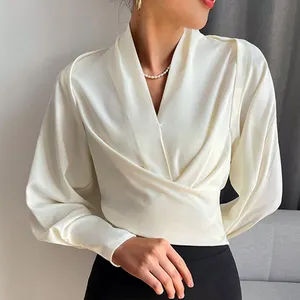 2023 None New Design Full Sleeve V-Neck Elegant Casual Formal Blouse For Women