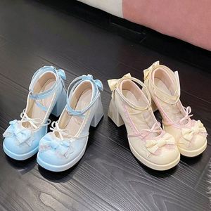 รองเท้าโลลิต้าแมรี่เจนแบบสวม ส้นสูงทรงเหลี่ยม สีฟ้าหวาน ส้นหนา ผ้าหุ้มส้น สไตล์เกาหลี พร้อมโบว์ - Product Image 6