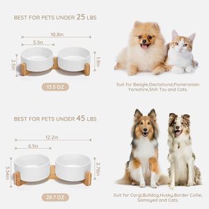 Doe Raised Ensemble de gamelles pour chiens et chats en céramique à alimentation lente avec support en bois antidérapant portable blanc uni motif Love - Product Image 2