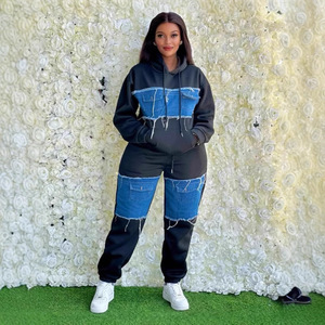 2026 New Urban Streetwear <strong>Denim</strong> Patchwork Tracksuit <strong>Women</strong> Color Block Hoodie and <strong>Joggers</strong> 2 Piece Set - Product Image 4