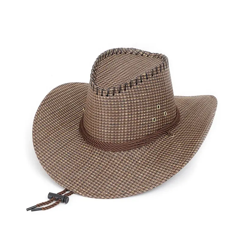 Özel bahar yaz hasır kovboy şapka erkekler kadınlar için balıkçılık güneşlik Panama haddelenmiş ağız batı kovboy şapka İpli ile