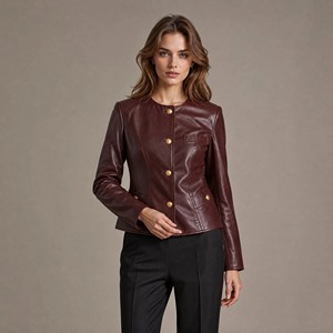 Premium <strong>Burgundy</strong> <strong>Leather</strong> <strong>Jacket</strong> Women Elegant Single Breasted Outerwear for Daily Commute &amp; Weekend - Product Image 1