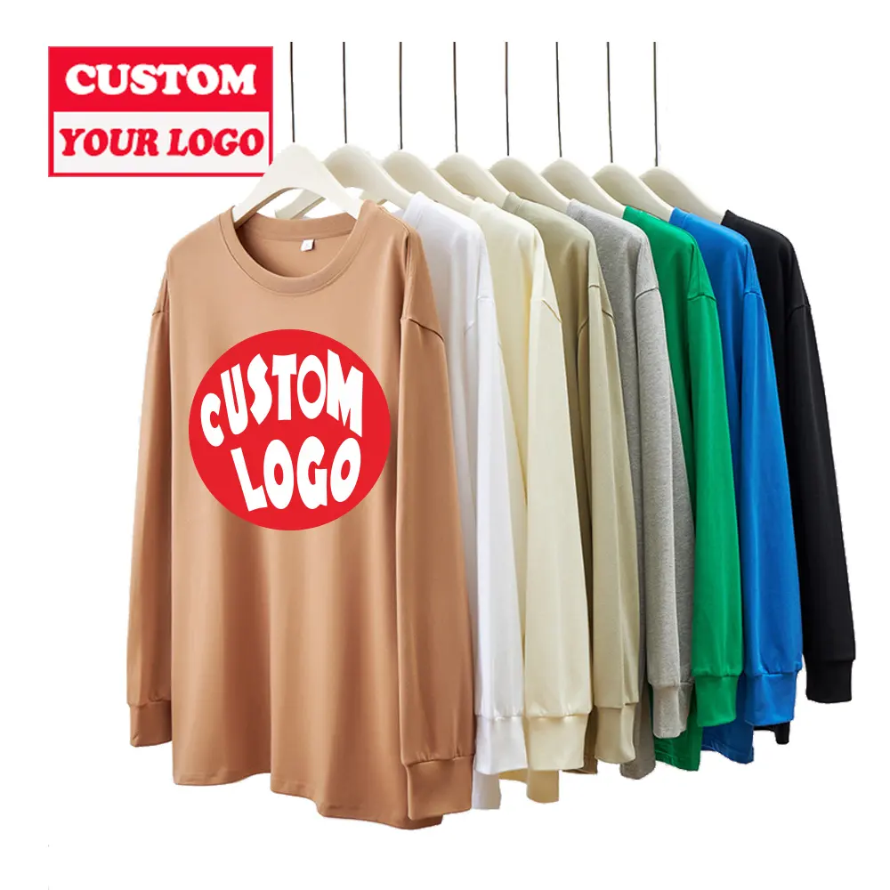 High Quality Men Custom Design 100% Cotton Ribbed Cuff Tee Shirts Logo Printed Heavy Weight 280gsm Long Sleeve T Shirts